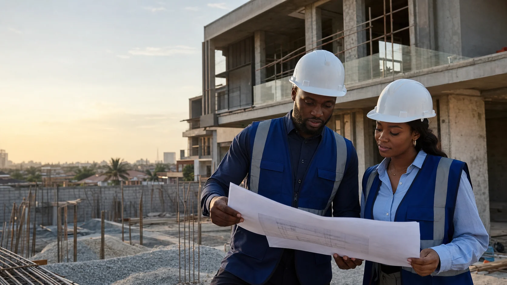 Nigerian engineers reviewing architectural plans on site