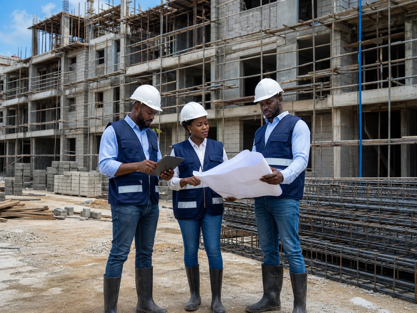 Nigerian site engineers inspecting a residential construction project